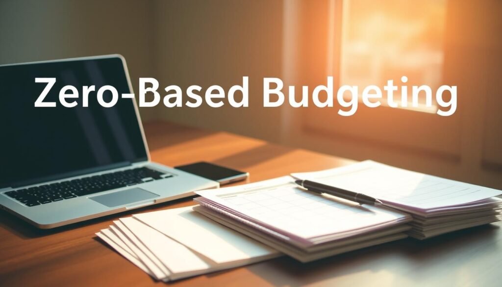 A clean, minimalist desktop setup with a laptop, smartphone, and a neatly organized paper-based monthly budget tracking system. The scene is bathed in warm, natural lighting from a large window, casting a cozy glow. Stacks of envelopes, a calculator, and a pen rest on a wooden desk, conveying a sense of intentional financial organization. The background fades into a blurred, muted palette, keeping the focus on the core budgeting elements. This image conveys a methodical, hands-on approach to zero-based budgeting, reflecting the step-by-step guide to implementing a personalized financial plan.