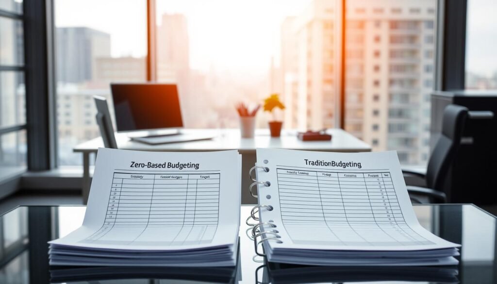 A modern office setting with a sleek, minimalist design. In the foreground, two financial ledgers sit side by side on a glass-topped desk, one labeled &amp;amp;quot;Zero-Based Budgeting&amp;amp;quot; and the other &amp;amp;quot;Traditional Budgeting&amp;amp;quot;. The ledgers are illuminated by a warm, natural light streaming in from a large window behind them. In the middle ground, a well-organized desk with a laptop, pen holder, and a small potted plant, creating a sense of productivity and organization. The background is a soft, blurred cityscape, hinting at the broader financial landscape. The overall atmosphere is one of efficiency, clarity, and a focus on strategic financial decision-making.
