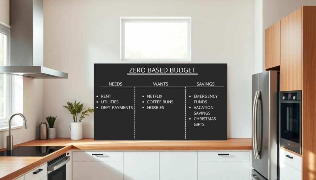 Image of a kitchen with a black board on the counter top showing the basics of zero-based budgeting