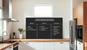 Image of a kitchen with a black board on the counter top showing the basics of zero-based budgeting