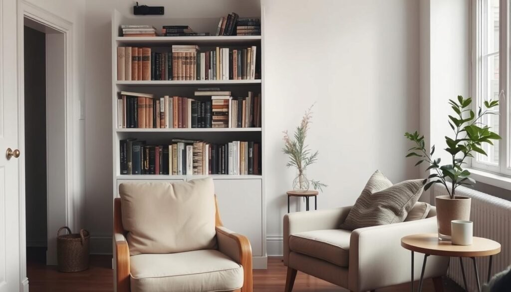 A cozy home interior with a minimalist aesthetic, where simplicity and intentionality reign. The focal point is a bookshelf displaying well-worn volumes, a testament to a life of learning and introspection. In the foreground, a comfortable armchair invites relaxation, while the muted color palette and natural light create a serene, contemplative atmosphere. The room's sparse furnishings and clean lines evoke a sense of focus and discipline, capturing the essence of a frugal mindset - one that prioritizes experiences over material possessions. A potted plant on a side table adds a touch of life, symbolizing the growth that can come from a thoughtful, resourceful approach to living.