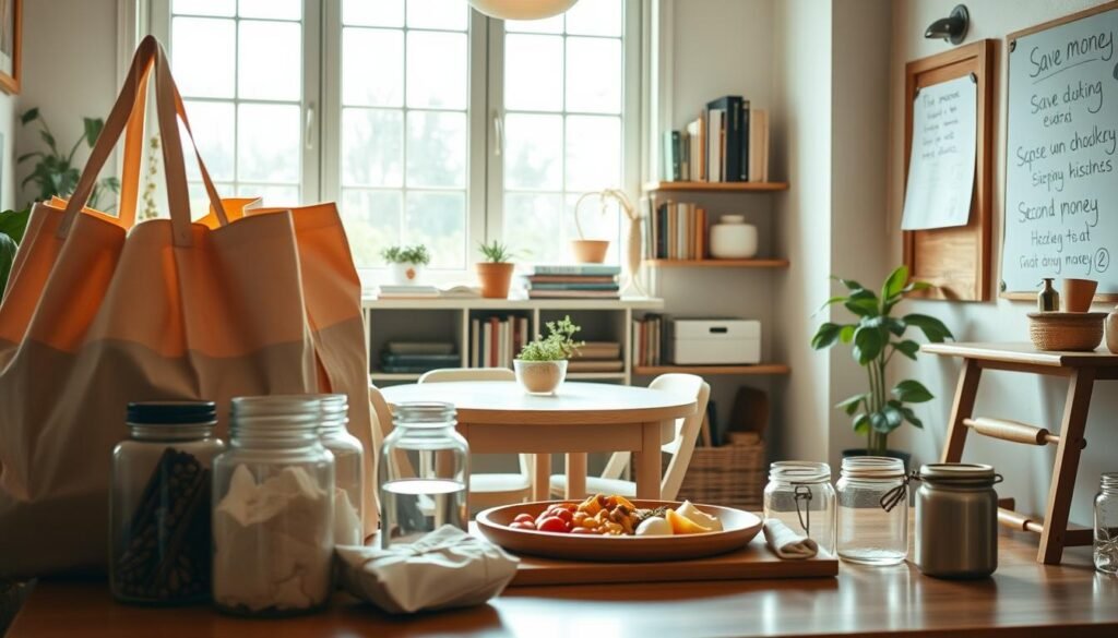 A cozy, well-lit home interior showcasing frugal living tips. In the foreground, an artfully arranged display of reusable grocery bags, a mending kit, and a selection of repurposed jars and containers. The middle ground features a small kitchen table set with a simple, homemade meal and a glass of water. In the background, shelves displaying neatly organized second-hand books, a potted plant, and a bulletin board with handwritten notes on saving money. The scene is bathed in warm, natural light filtering through large windows, conveying a sense of simplicity, mindfulness, and contentment.
