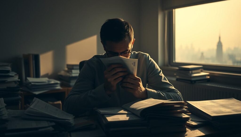 A person sitting at a cluttered desk, shoulders hunched, hands gripping tightly onto a pile of bills and financial statements. The room is dimly lit, casting long shadows that seem to loom over the individual, symbolizing the weight of financial worries. In the background, a foggy cityscape can be seen through the window, adding to the sense of isolation and overwhelming pressure. The lighting is dramatic, with harsh contrasts between light and shadow, creating a somber and tense atmosphere. The overall composition evokes a feeling of anxiety, stress, and the psychological burden of financial insecurity.