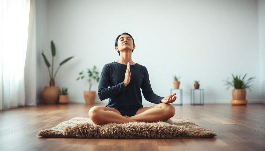 A serene and minimalist scene of a person practicing breathing exercises. In the foreground, a person sits cross-legged on a plush, earthy-toned mat, their eyes closed and face relaxed as they focus on their breathing. Soft, diffused lighting illuminates the scene, creating a calming atmosphere. In the middle ground, potted plants and a few simple decor elements add a sense of tranquility. The background is blurred, creating a sense of depth and drawing the viewer's attention to the central figure. The overall mood is one of peace, mindfulness, and a respite from financial stress.
